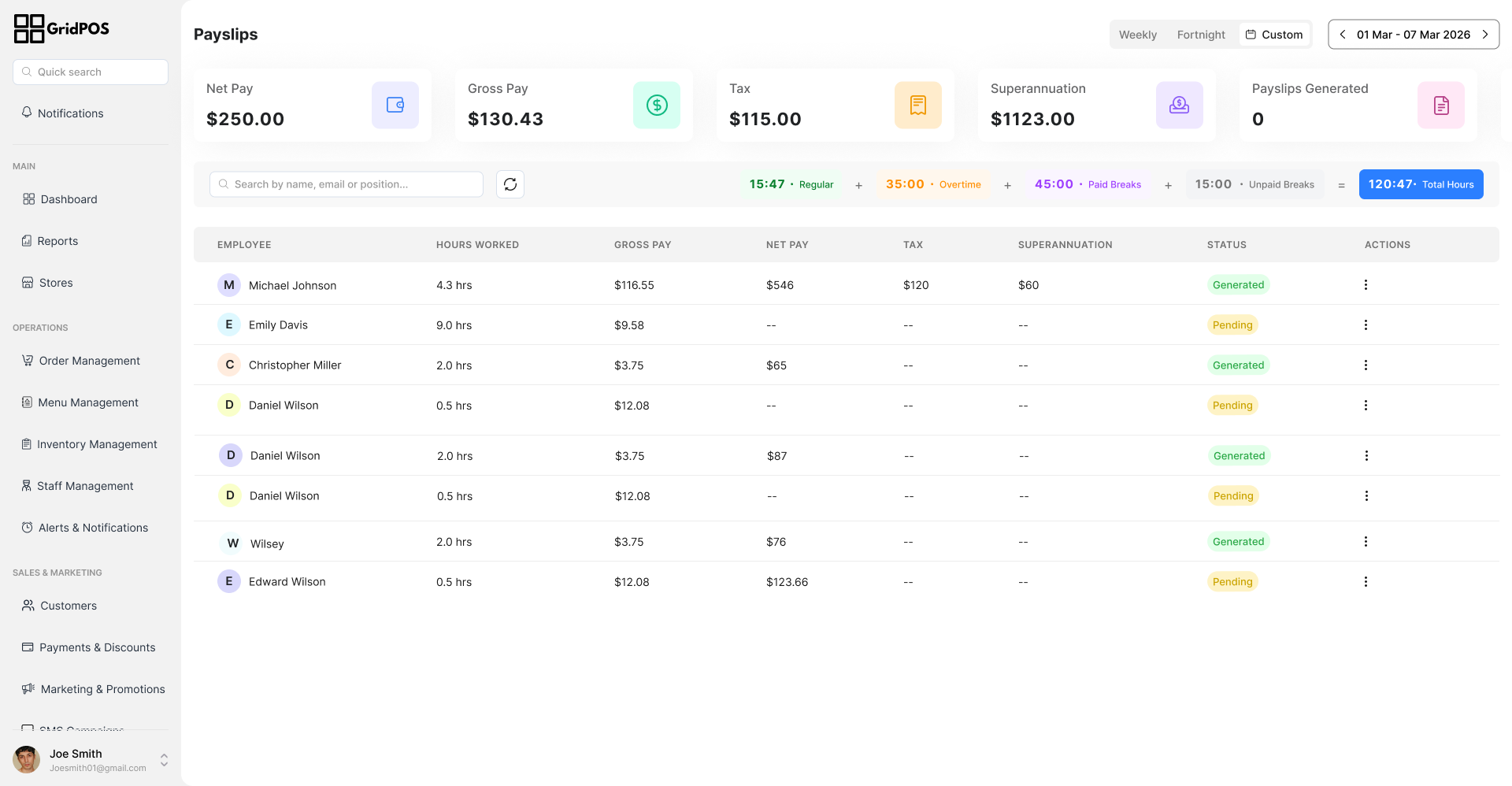 GridPos Time Clocking dashboard